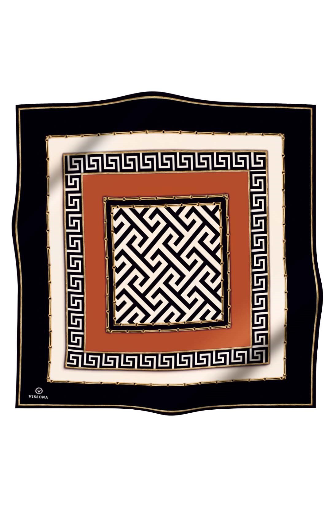% 57 İPEK % 43 VİSKON Twill İpek Labirent Ve Geometrik Desenli Taba - Siyah Renkli 90x90 Eşarp Dikim Şekli : El Dikişi