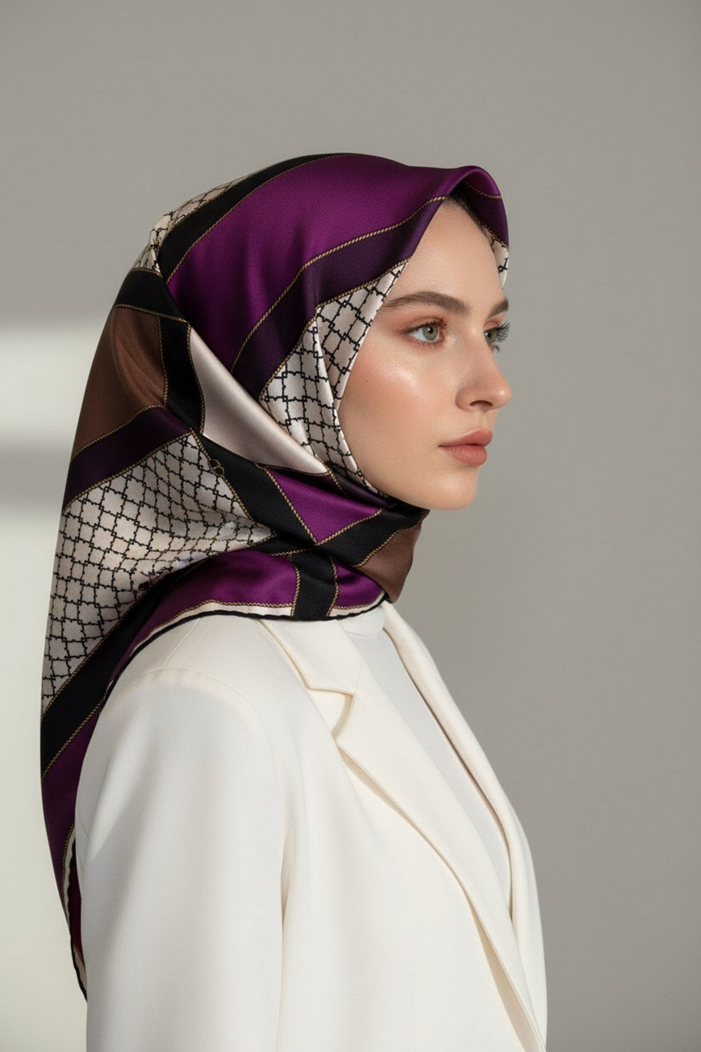%100 Twill İpek Geometrik Desenli Mürdüm - Siyah Renkli 90x90 Eşarp Dikim Şekli : El Dikişi