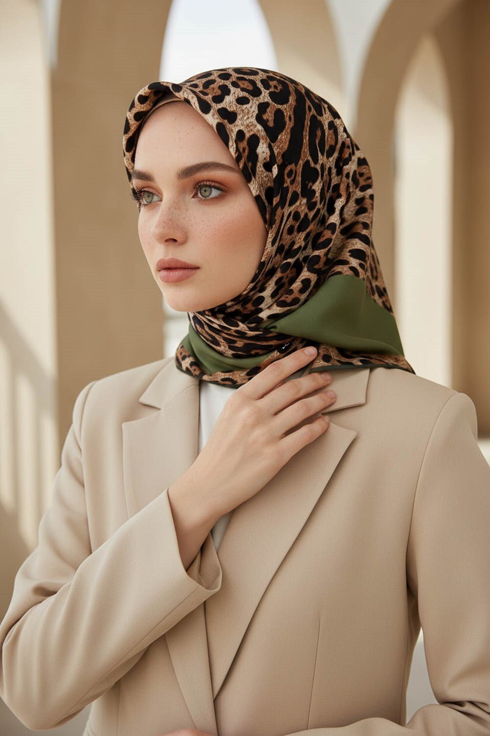 %100 Twill İpek Leopar Desenli Haki Renkli 90x90 Eşarp Dikim Şekli : El Dikişi