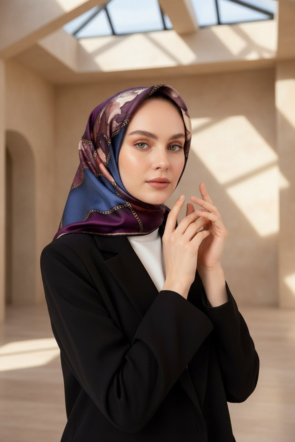 %100 Twill İpek Efektli Bant Desenli Mürdüm - İndigo Renkli 90x90 Eşarp Dikim Şekli : El Dikişi