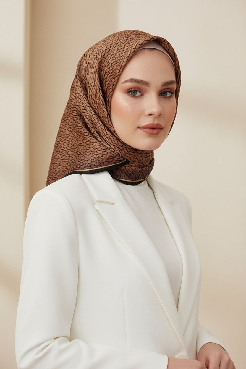 %100 Twill İpek File Desenli Bakır - Siyah Renkli 90x90 Eşarp Dikim Şekli : El Dikişi