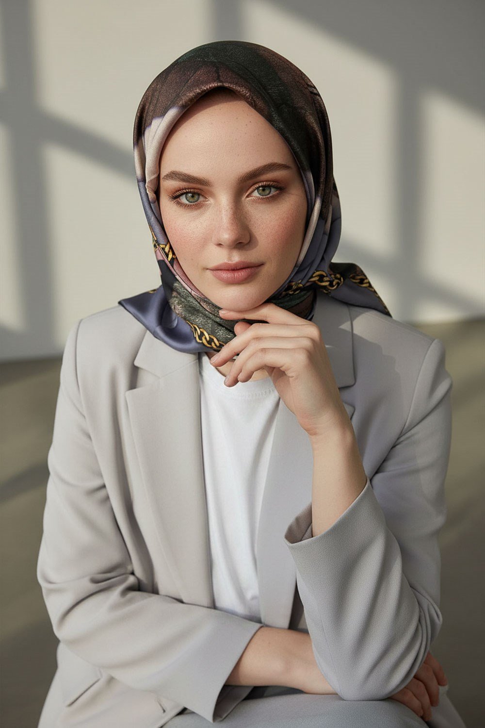 %100 Twill İpek Taş Efekti Desenli Pudra - Gri Renkli 90x90 Eşarp Dikim Şekli : El Dikişi