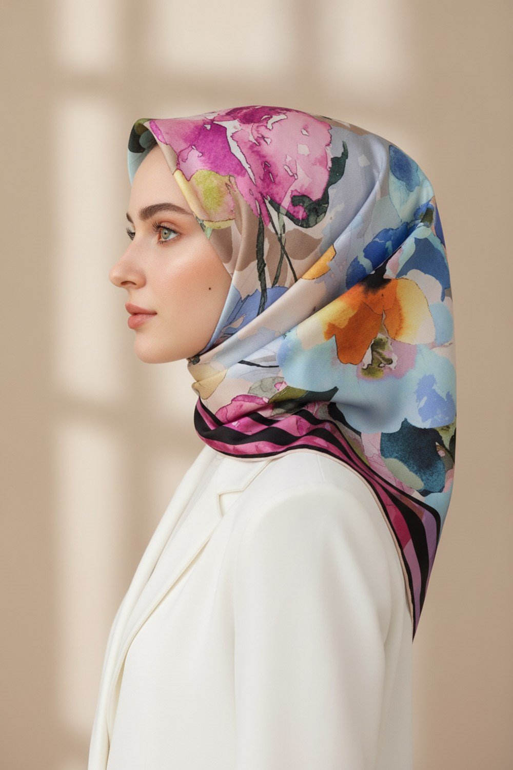 % 57 İPEK % 43 VİSKON Twill İpek Sulu Boyalı Çiçek Desenli Pembe - Bebe Mavisi Renkli 90x90 Eşarp Dikim Şekli : El Dikişi