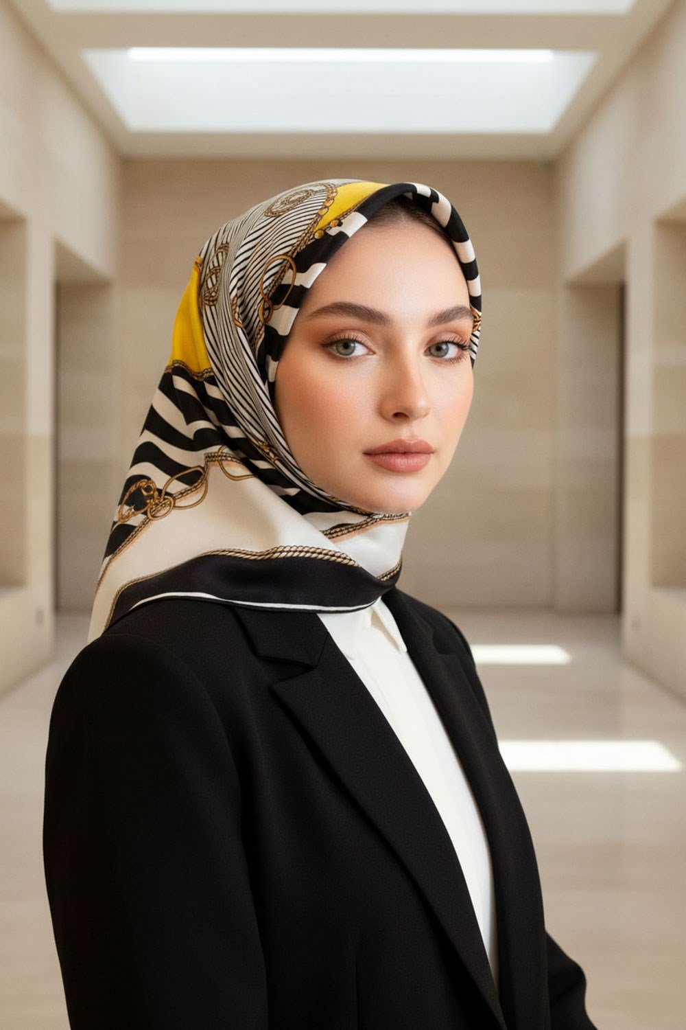 %100 Twill İpek Zincirli Ve Zebra Desenli Siyah - Limon Sarısı Renkli 90x90 Eşarp Dikim Şekli : El Dikişi