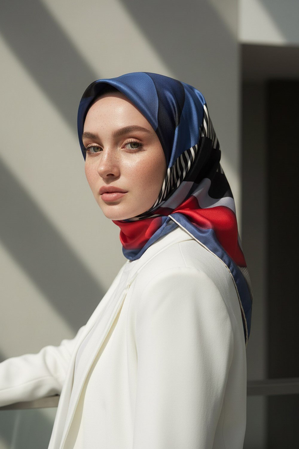 %100 Twill Renk Bloklu Çizgili Desenli Bordo - İndigo Renkli 90x90 Eşarp Dikim Şekli: El Dikişii