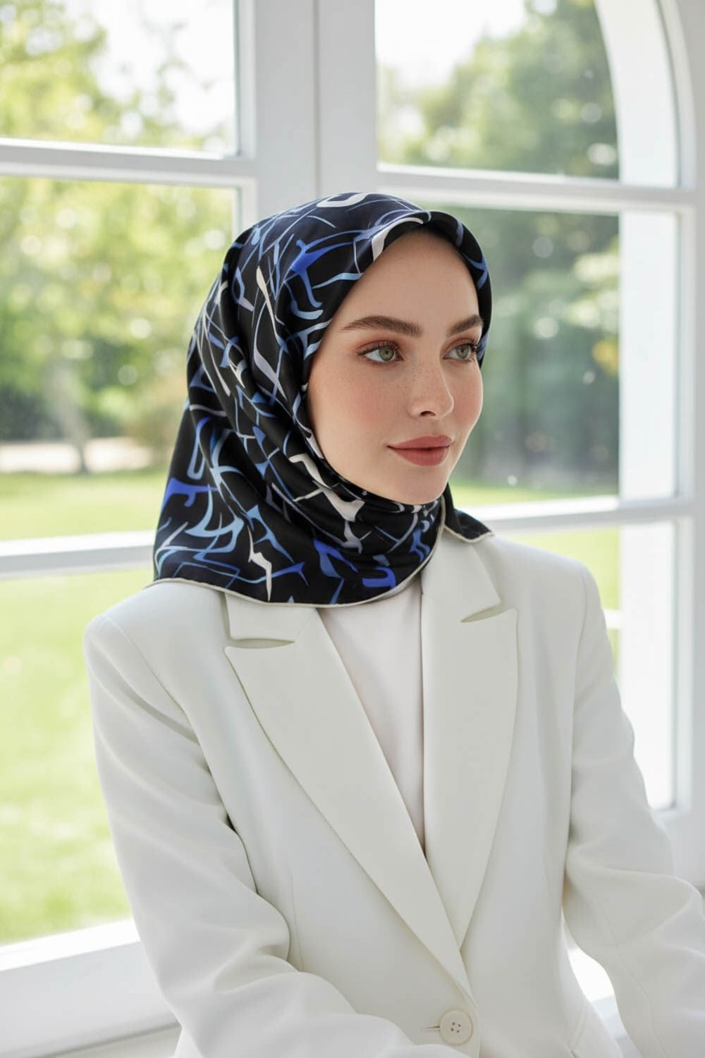 %100 Twill İpek Soyut Geometrik Desenli İndigo - Gri Renkli 90x90 Eşarp Dikim Şekli : El Dikişi