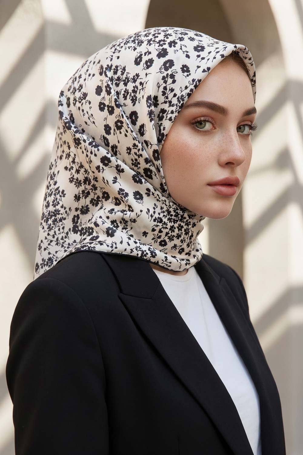 %100 Twill İpek Çıtır Çiçek Desenli Krem - Siyah Renkli 90x90 Eşarp Dikim Şekli : El Dikişi
