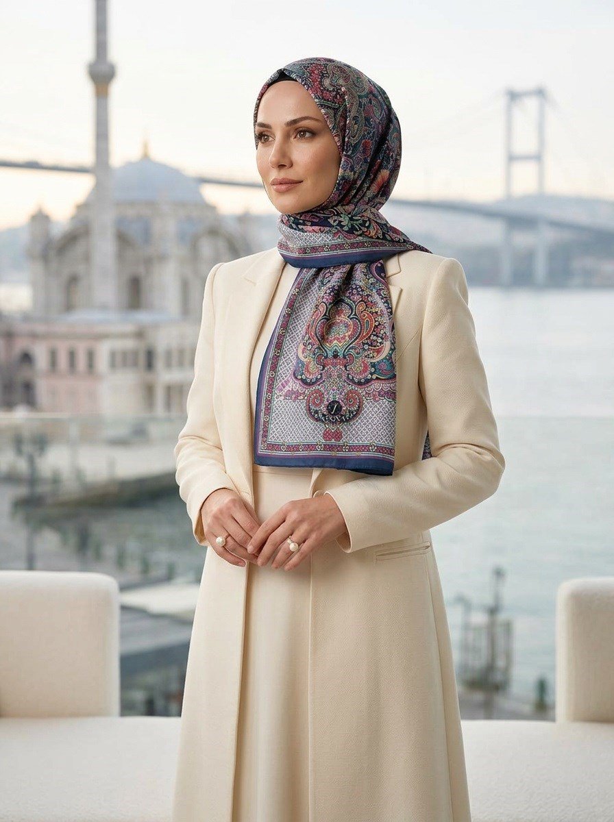 %100 Saf İpek Şal İnce Saten Vual Dokuma Etro Desenli Lacivert - Turuncu Renkli 90x210 Şal