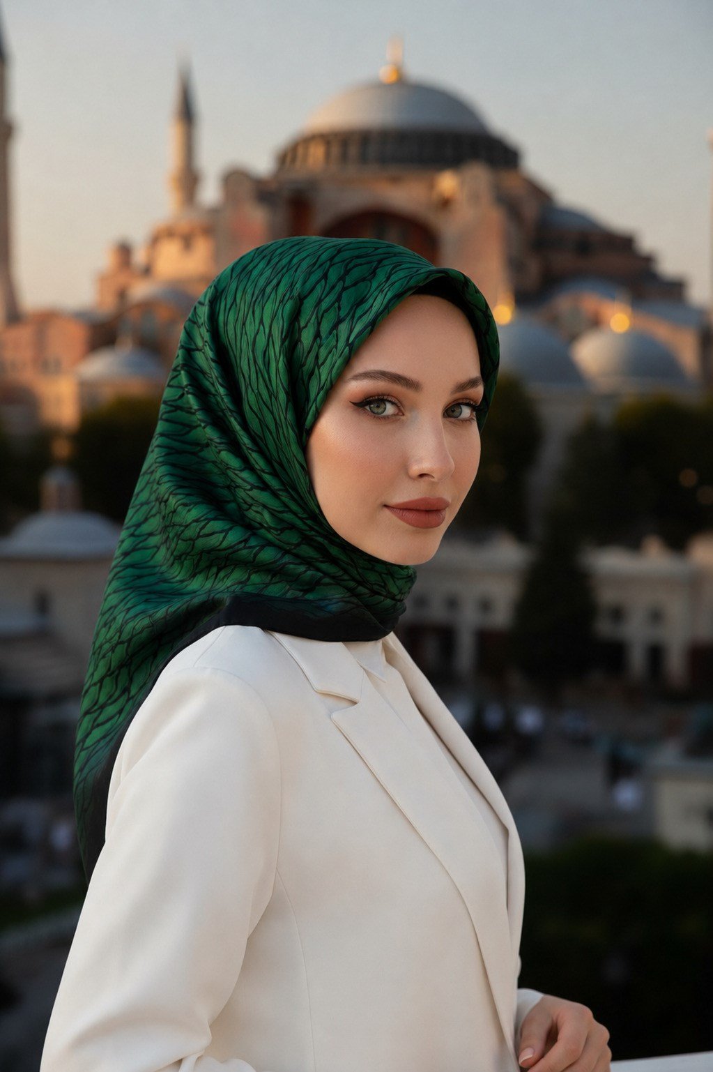 %100 Twill İpek File Desenli Zümrüt Yeşili - Siyah Renkli 90x90 Eşarp Dikim Şekli : El Dikişi