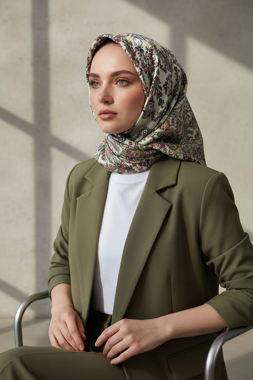 %100 Twill İpek Şal Desenli Haki Renkli 90x90 Eşarp Dikim Şekli : El Dikişi
