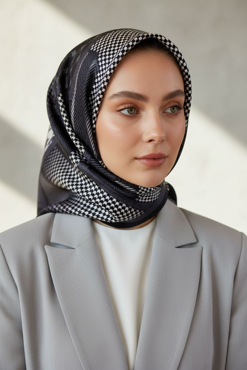 %100 Twill İpek Kazakayaklı Ve Ekose Desenli Siyah - Gri Renkli 90x90 Eşarp Dikim Şekli : El Dikişi