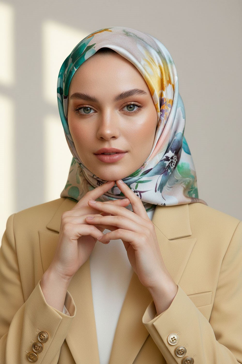 %100 Twill İpek Çiçek  Desenli Zümrüt Yeşili Renkli 90x90 Eşarp Dikim Şekli : El Dikişi