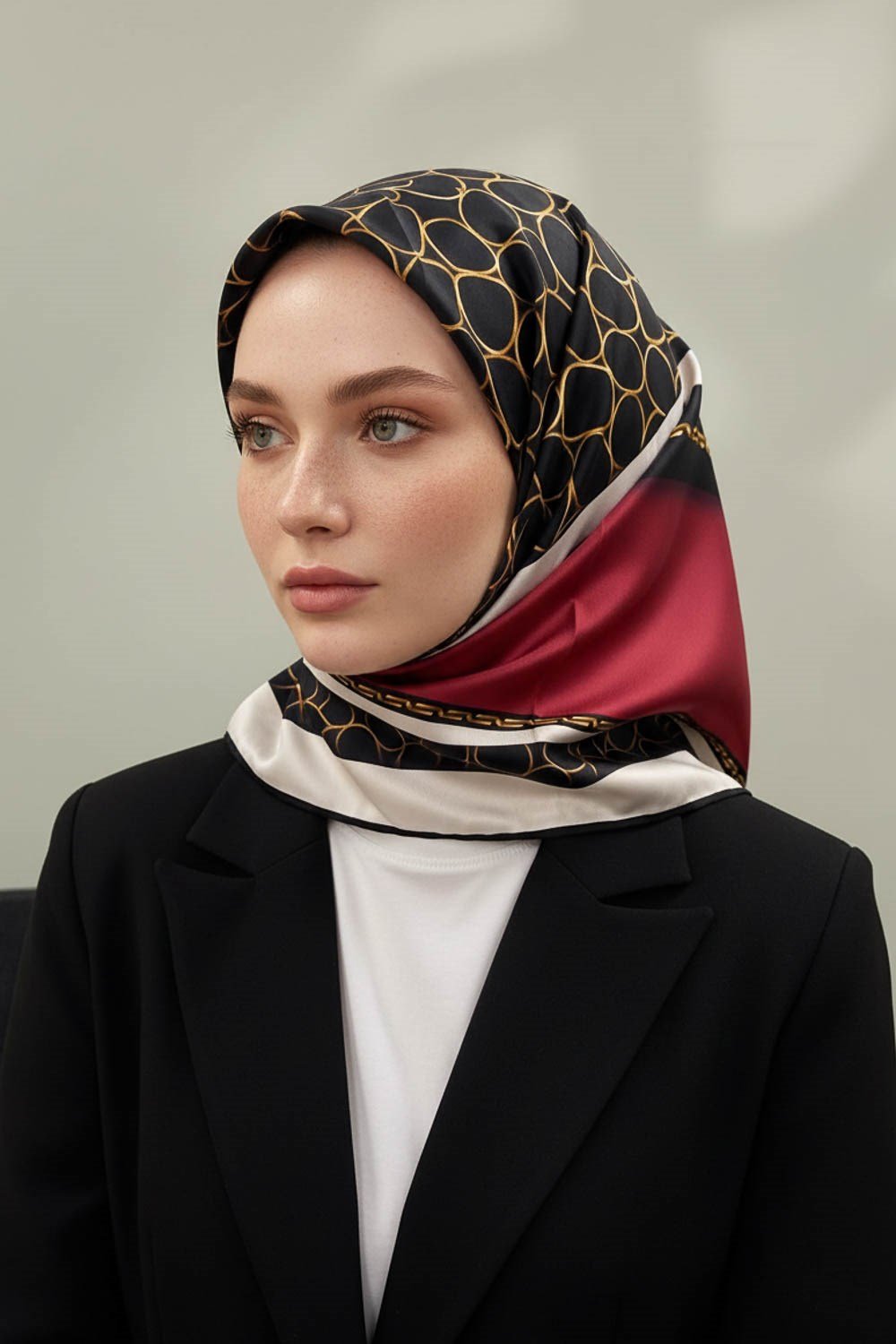 % 57 İPEK % 43 VİSKON Twill İpek Gold Halka Desenli Bordo - Siyah Renkli 90x90 Eşarp Dikim Şekli : El Dikişi