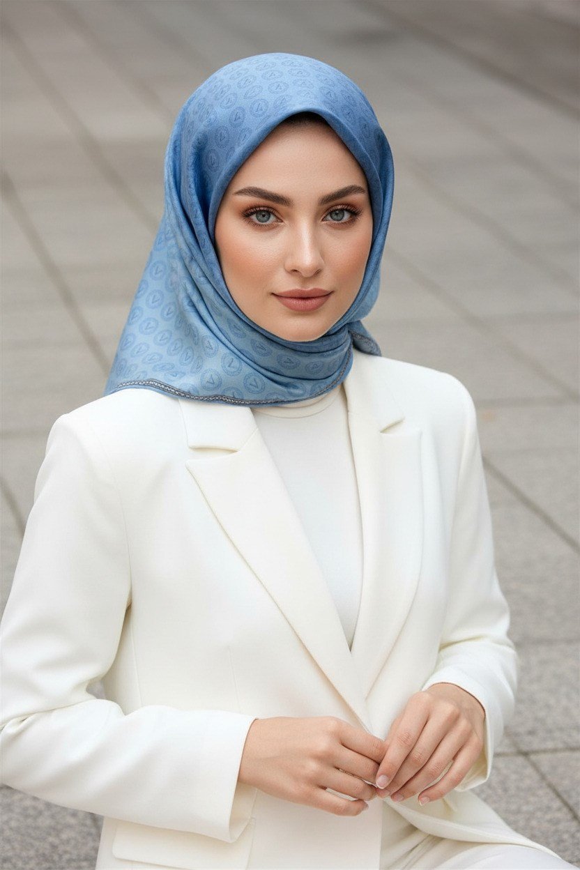 % 57 İPEK % 43 VİSKON Twill İpek Monogram Desenli Bebe Mavisi Renkli 90x90 Eşarp Dikim Şekli : El Dikişi