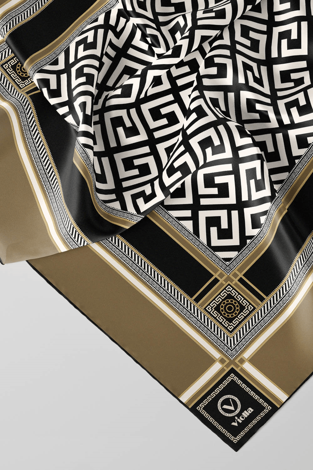 Twill Antik Desenli Bej Renkli 90x90 Eşarp (İpek İçermez) Kenar Dikiş Şekli El Dikişli