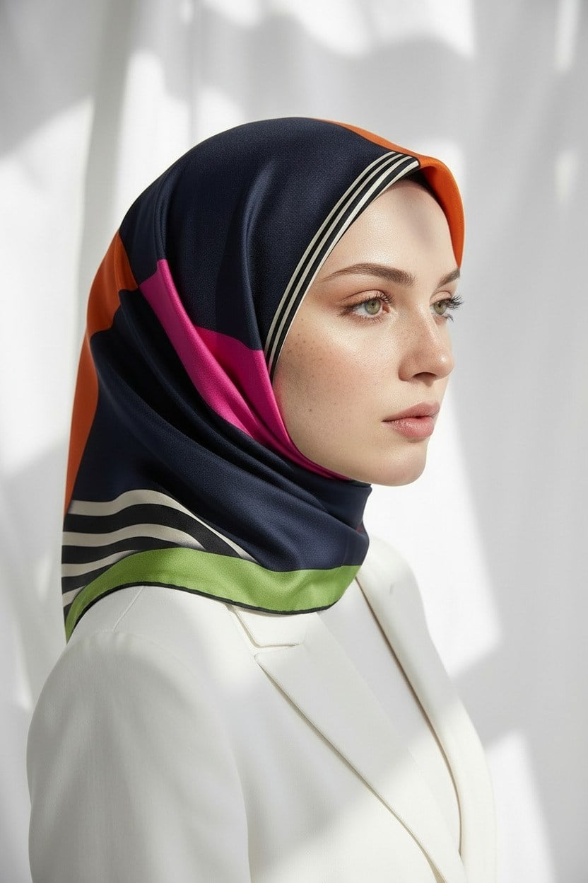 %100 Twill İpek Çizgili ve Geometrik Desenli Turuncu - Fıstık Yeşili Renkli 90x90 Eşarp Dikim Şekli : El Dikişi