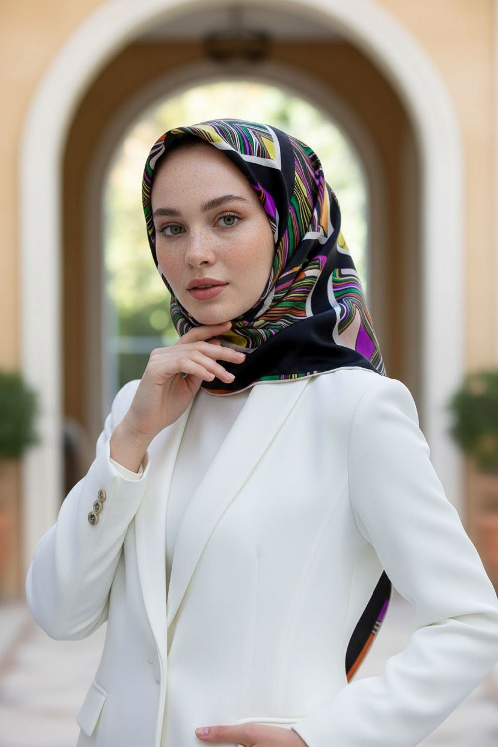 %100 Twill İpek Geometrik Kare Desenli Siyah - Zümrüt Yeşili Renkli 90x90 Eşarp Dikim Şekli : El Dikişi