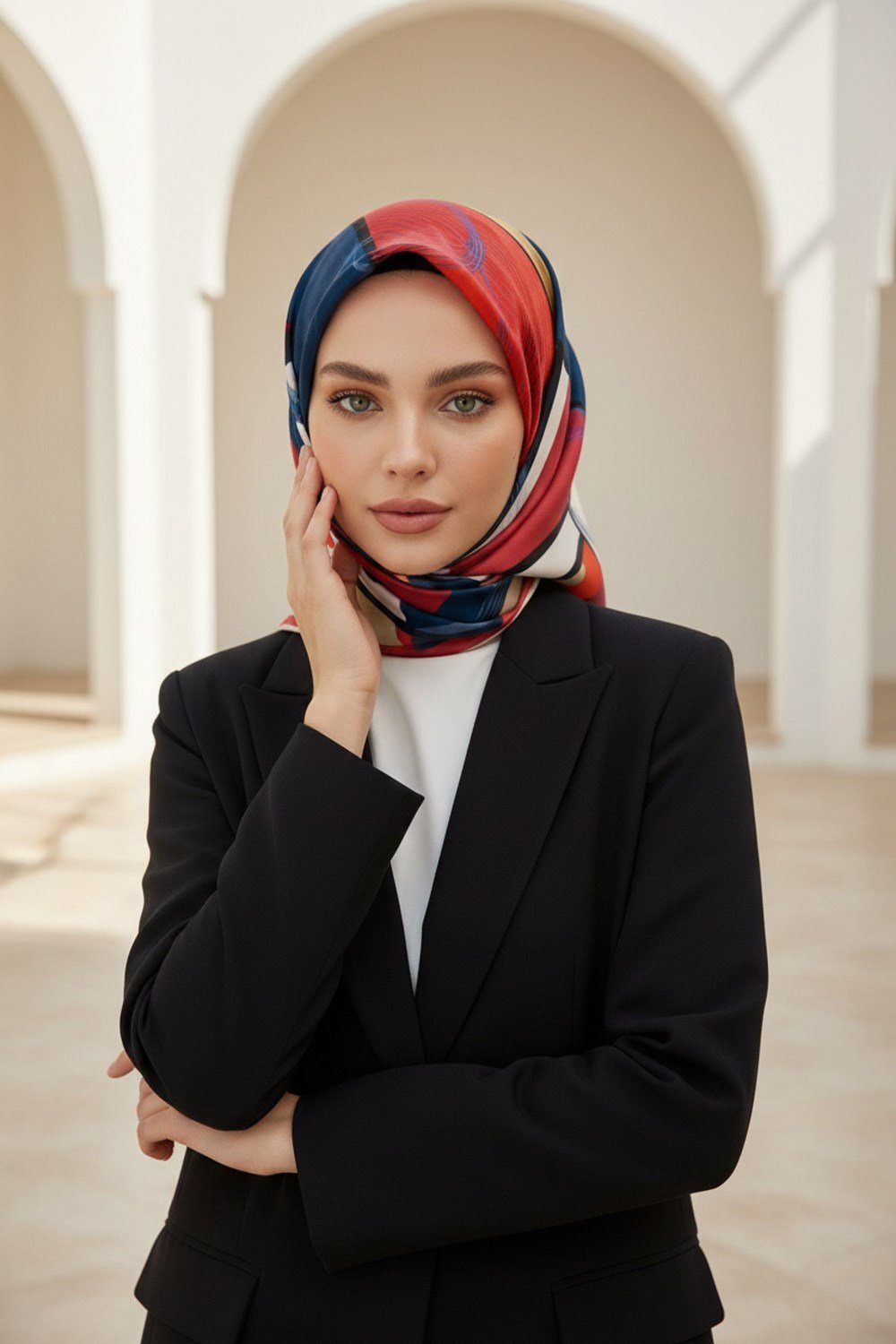 %100 Twill İpek Geometrik Desenli Kırmızı- Lacivert Renkli 90x90 Eşarp Dikim Şekli : El Dikişi