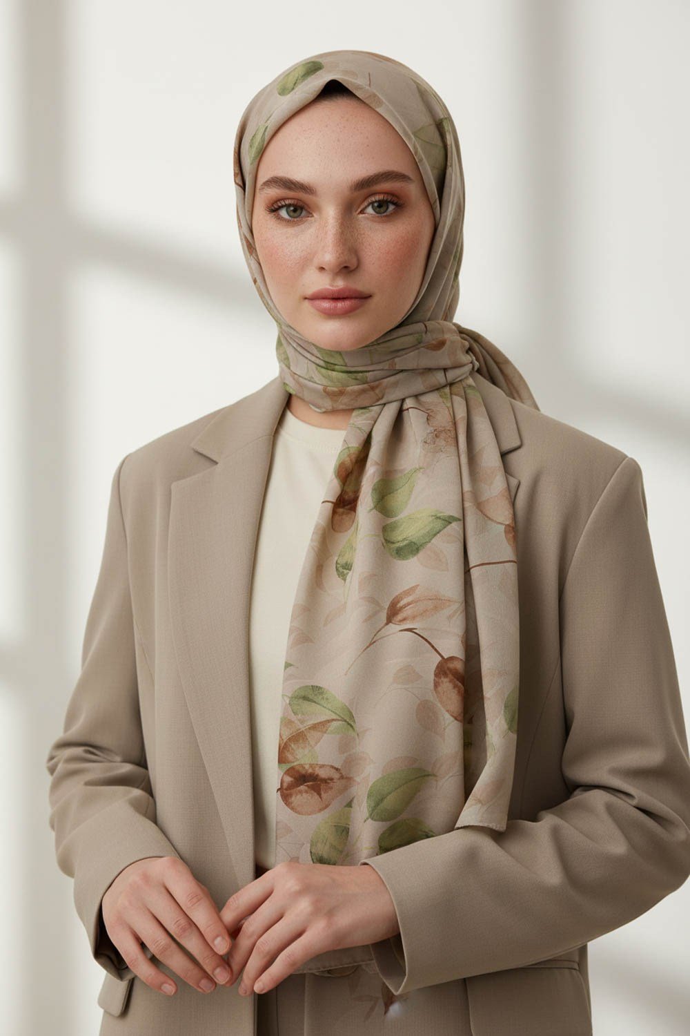 KREP SONBAHAR DESENLİ HAKİ YEŞİLİ RENKLİ 75X195 KIRIŞMAZ ŞAL