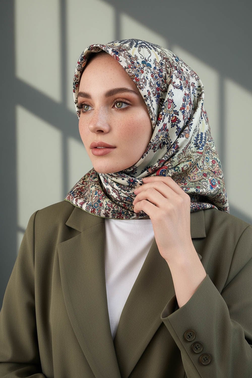 %100 Twill İpek Şal Desenli Haki Renkli 90x90 Eşarp Dikim Şekli : El Dikişi