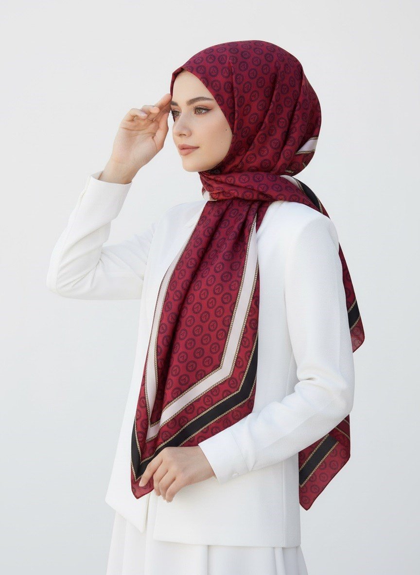 %100 Saf İpek Şal İnce Saten Vual Dokuma Monogram Desenli Bordo - Siyah Renkli 90x210 Şal