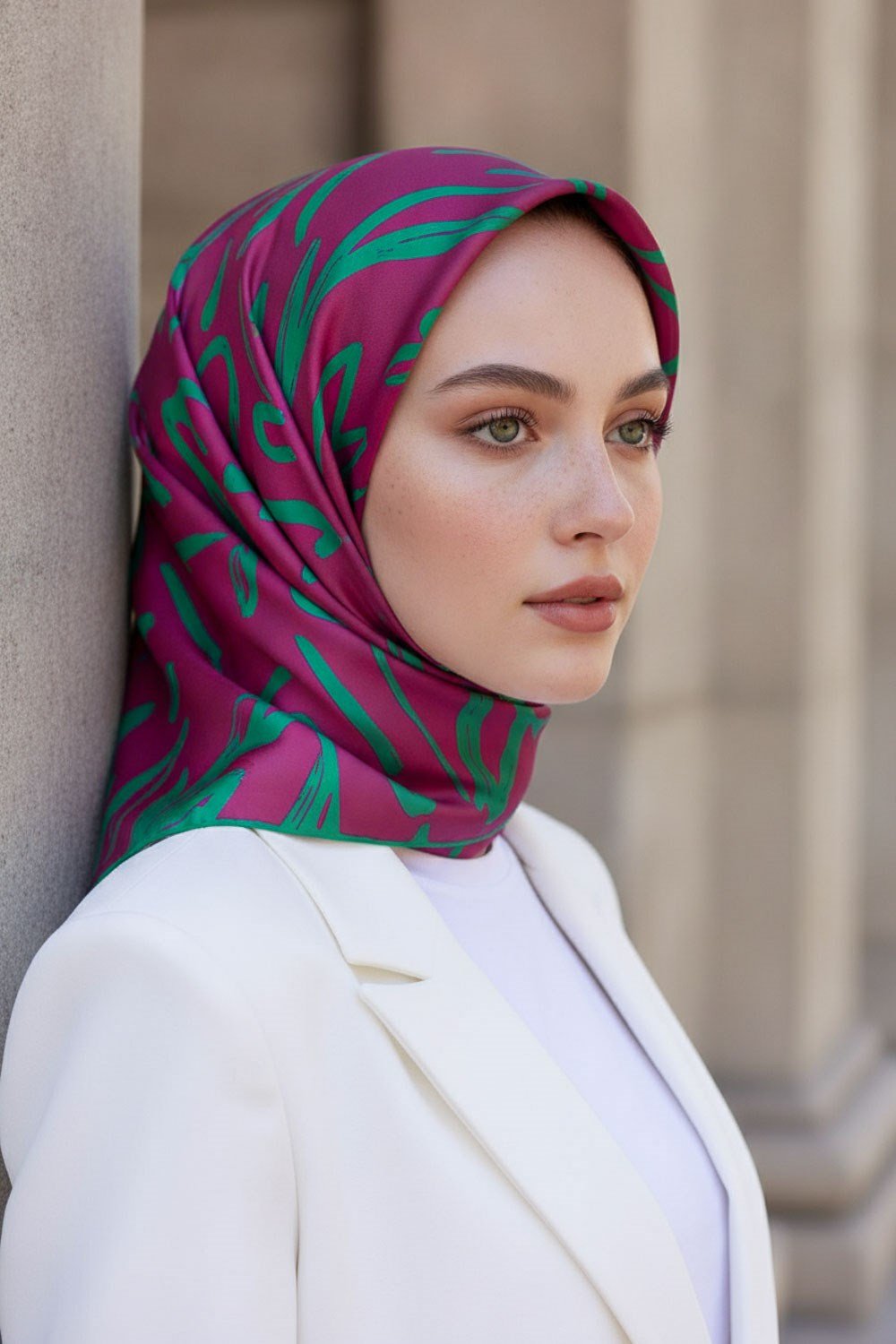 %100 Twill İpek Büyük Çiçek Desenli Fuşya - Koyu Mint Yeşili Renkli 90x90 Eşarp Dikim Şekli : El Dikişi