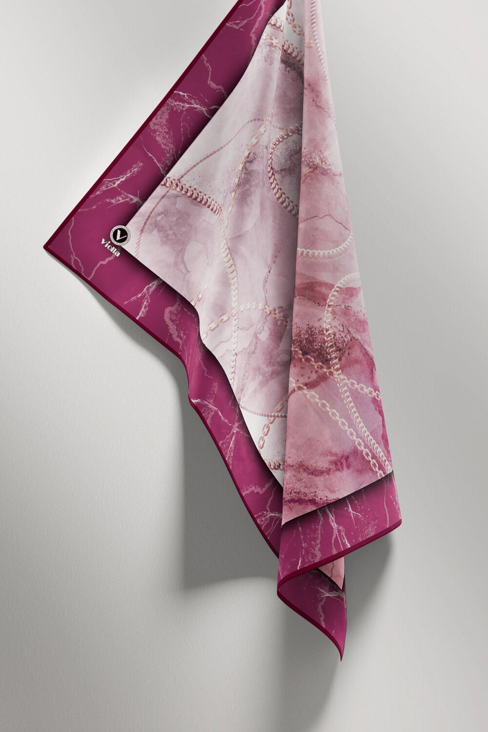 Twill Mermer ve Zincir Desenli Mürdüm Renkli 90x90 Eşarp (İpek İçermez) Kenar Dikiş Şekli El Dikişli