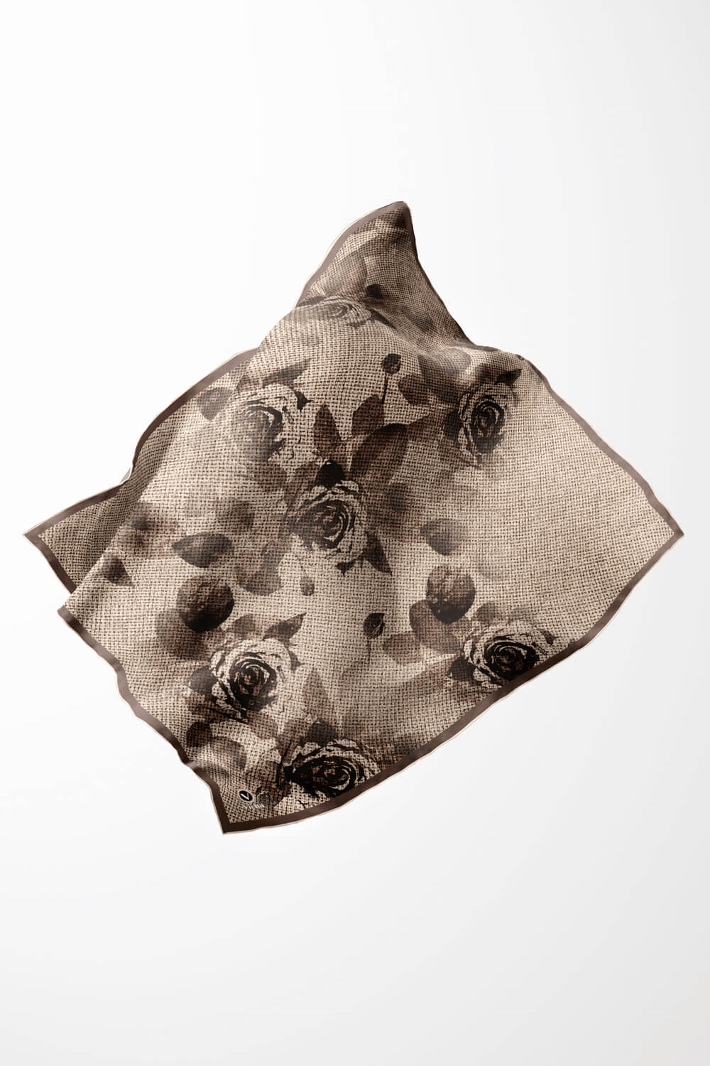 Twill Gül Desenli Vizon Renkli 90x90 Eşarp (İpek İçermez) Kenar Dikiş Şekli El Dikişli