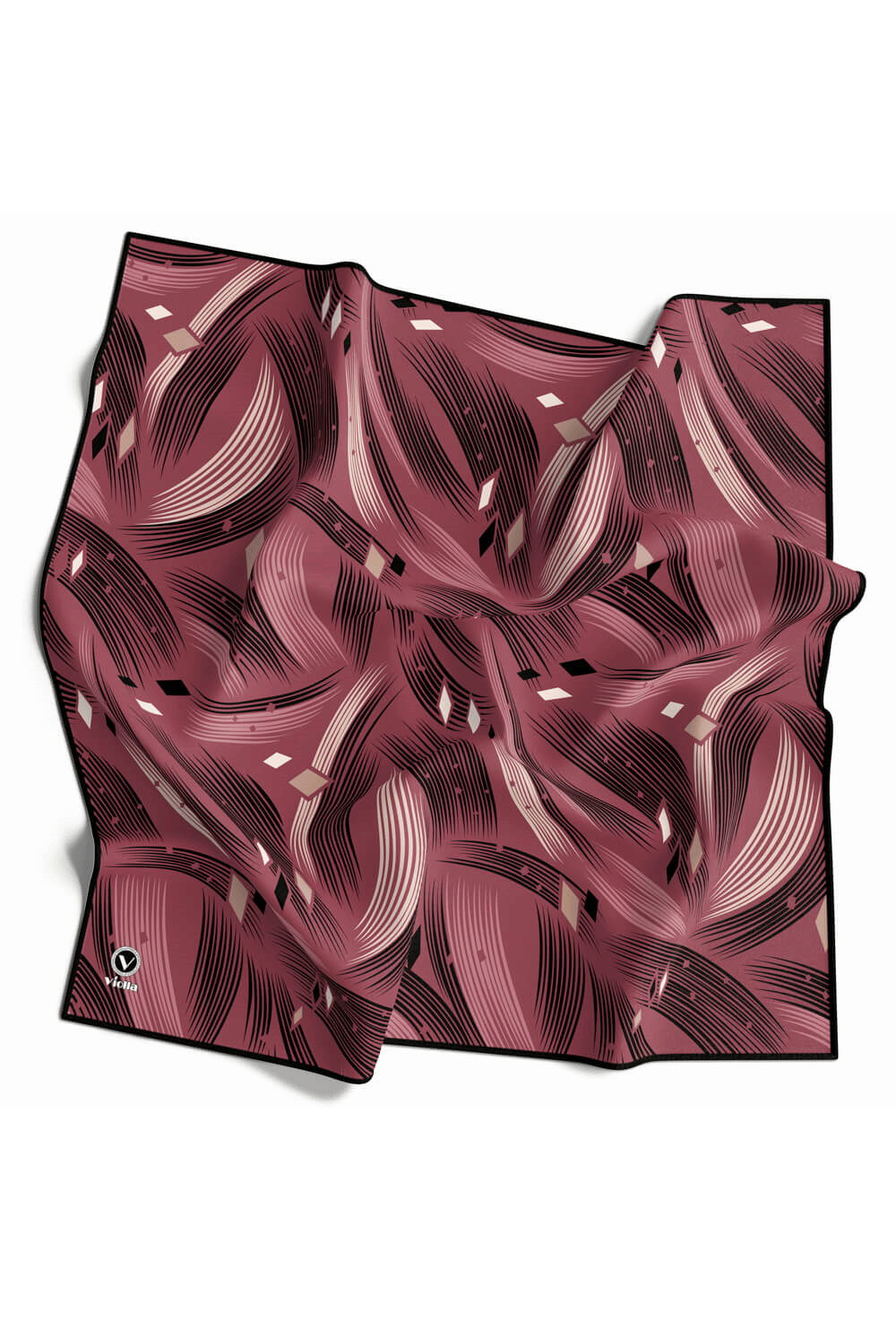 Rayon Geometrik Çizgili Desenli Gül Kurusu Renkli 90x90 Eşarp (İpek İçermez) Kenar Dikiş Şekli El Dikişli