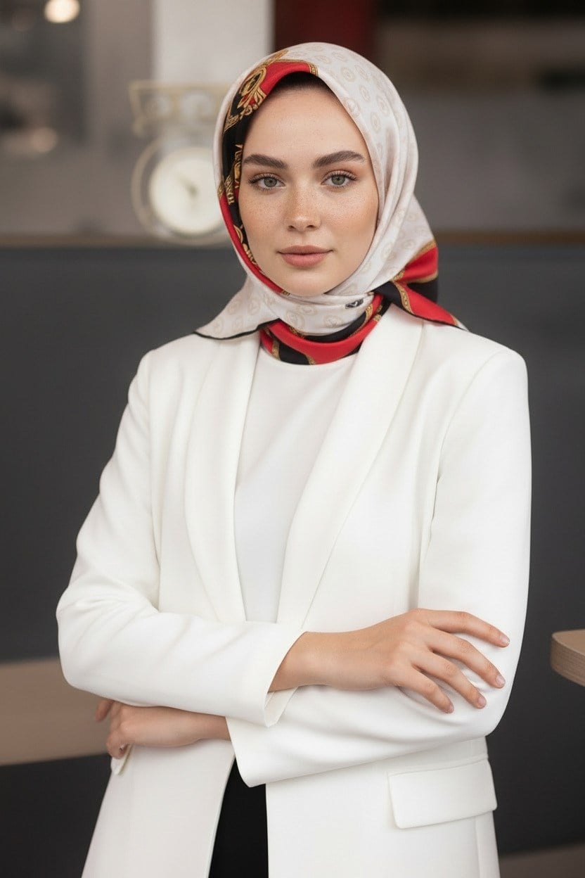 %100 Twill İpek Monogramlı Ve Barok Desenli Kırmızı - Krem Renkli 90x90 Eşarp Dikim Şekli : El Dikişi