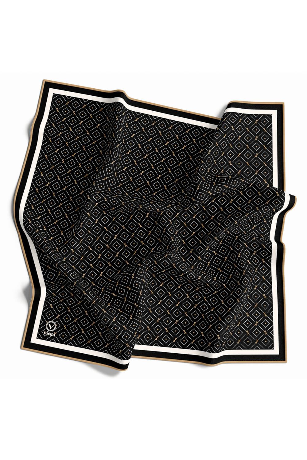 Twill Çıtır Geometrik Desenli Siyah Renkli 90x90 Eşarp (İpek İçermez) Kenar Dikiş Şekli El Dikişli