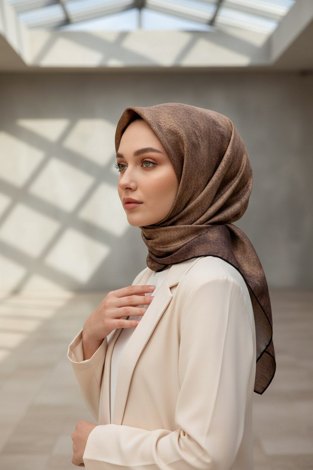 %100 Twill İpek Doku Desenli Vizon Renkli 90x90 Eşarp Dikim Şekli : El Dikişi