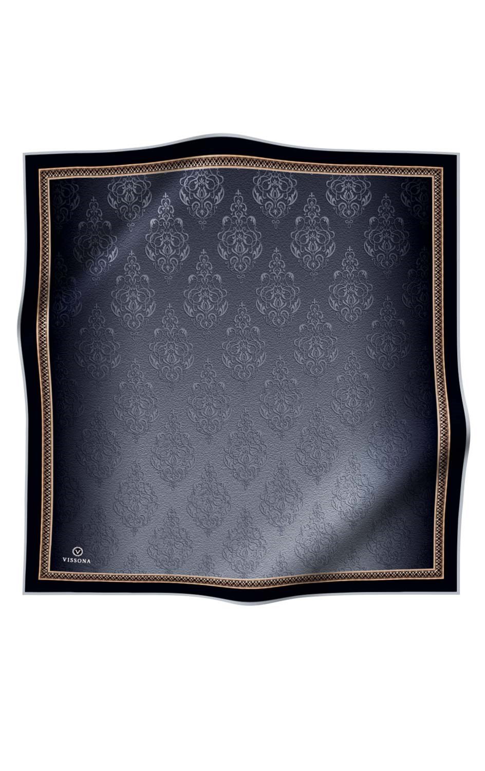 %100 Twill Barok Desenli Gümüş Renkli 90x90 Eşarp Dikim Şekli: El Dikişi