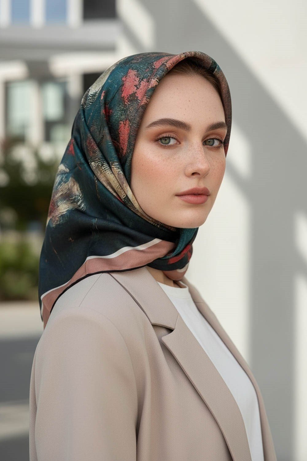 %100 Twill İpek Yağlı Boya Çiçek Desenli Petrol Yeşili Renkli 90x90 Eşarp Dikim Şekli : El Dikişi