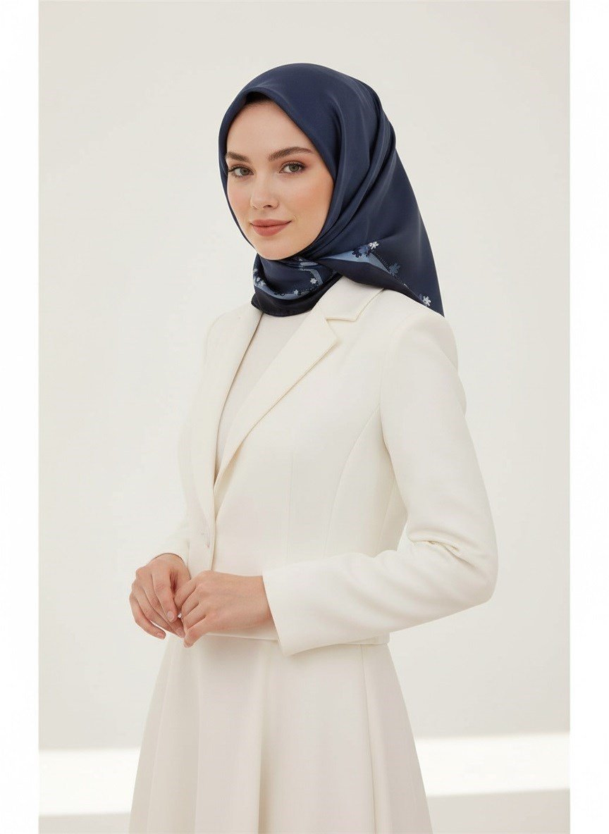 %100 Twill İpek Kenar Motifi Çiçek Desenli İndigo - Lacivert Renkli 90x90 Eşarp Dikim Şekli : El Dikişi