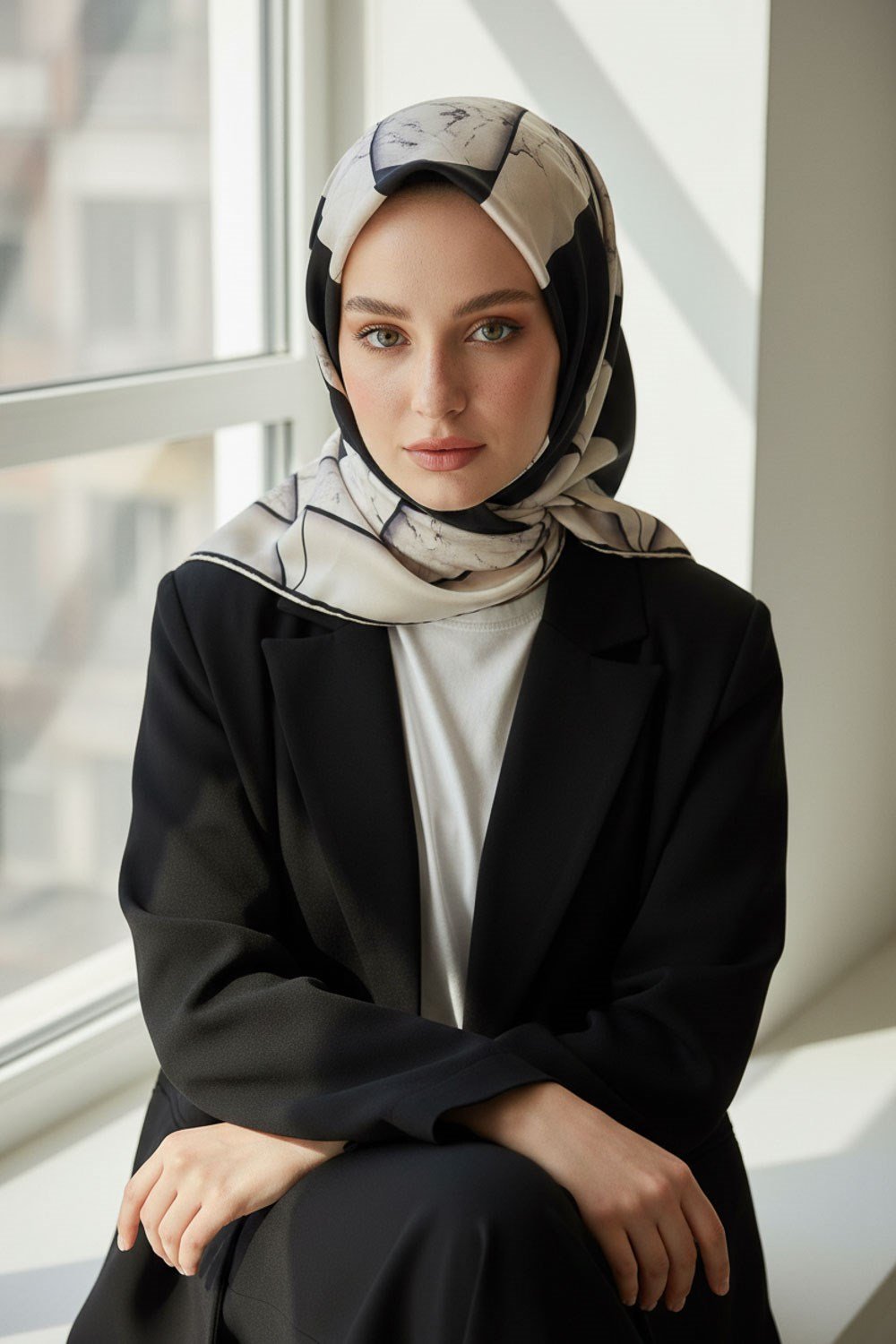 %100 Twill İpek Mermer Desenli Siyah - Krem Renkli 90x90 Eşarp Dikim Şekli : El Dikişi