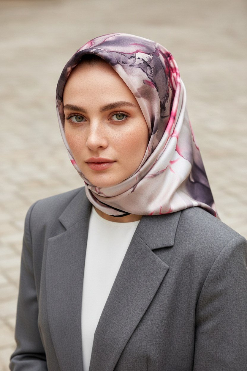 % 57 İPEK % 43 VİSKON Twill İpek Batik Çiçek Desenli Gri - Pembe Renkli 90x90 Eşarp Kenar Dikiş Şekli El Dikişli