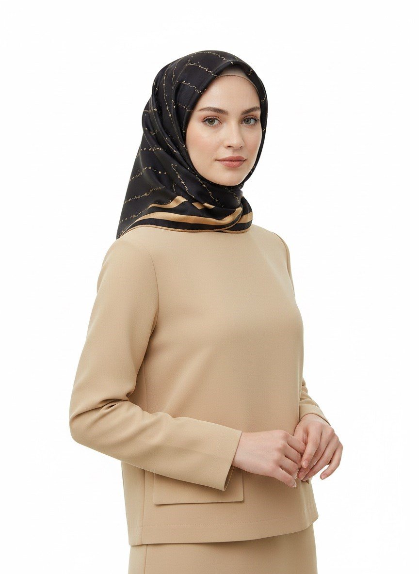 %100 Twill İpek El Yazısı Vissona Desenli Siyah - Gold Renkli Daha Tok Exclusive Serisi 90x90 Eşarp Kenar Dikiş Şekli : El Dikişi