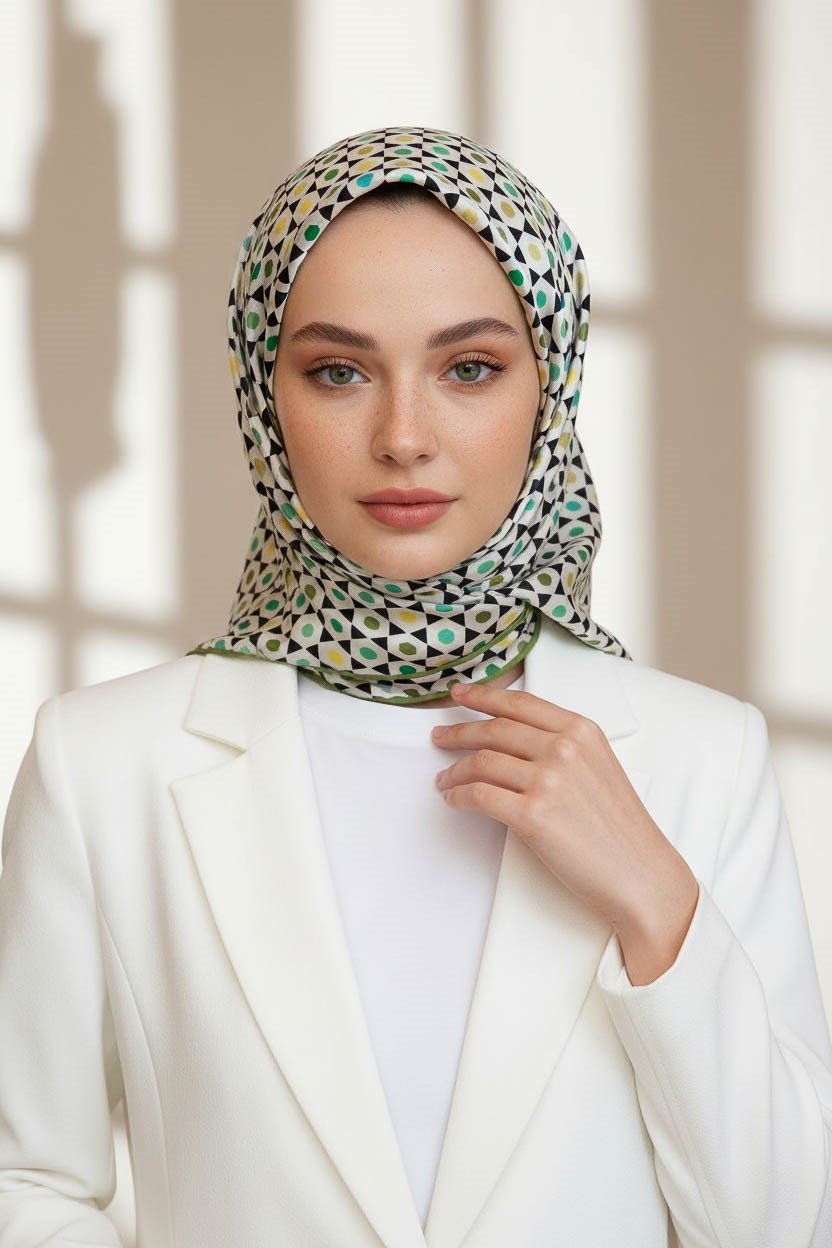 %100 Twill İpek Nokta Desenli Krem - Haki Renkli 90x90 Eşarp Dikim Şekli : El Dikişi