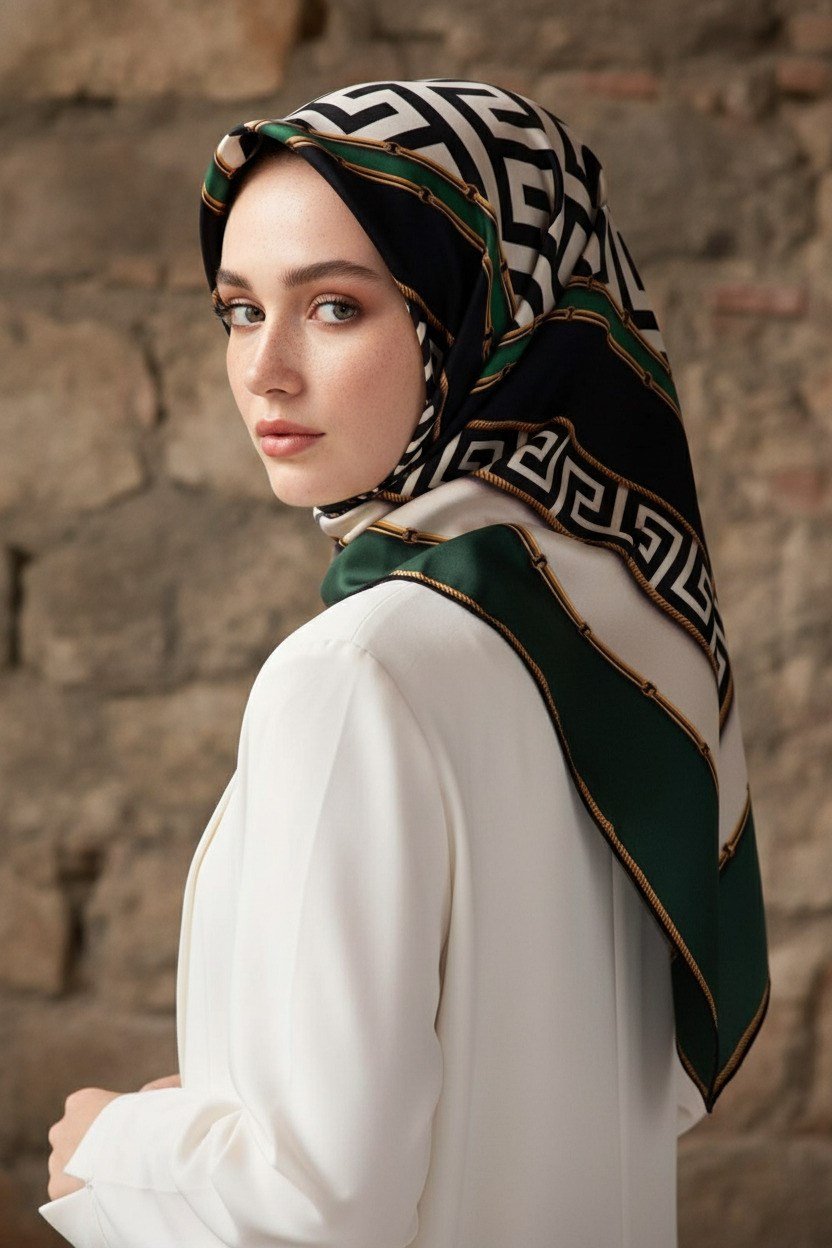 %100 Twill İpek Labirent Ve Geometrik Desenli Zümrüt Yeşili - Siyah Renkli 90x90 Eşarp Dikim Şekli : El Dikişi
