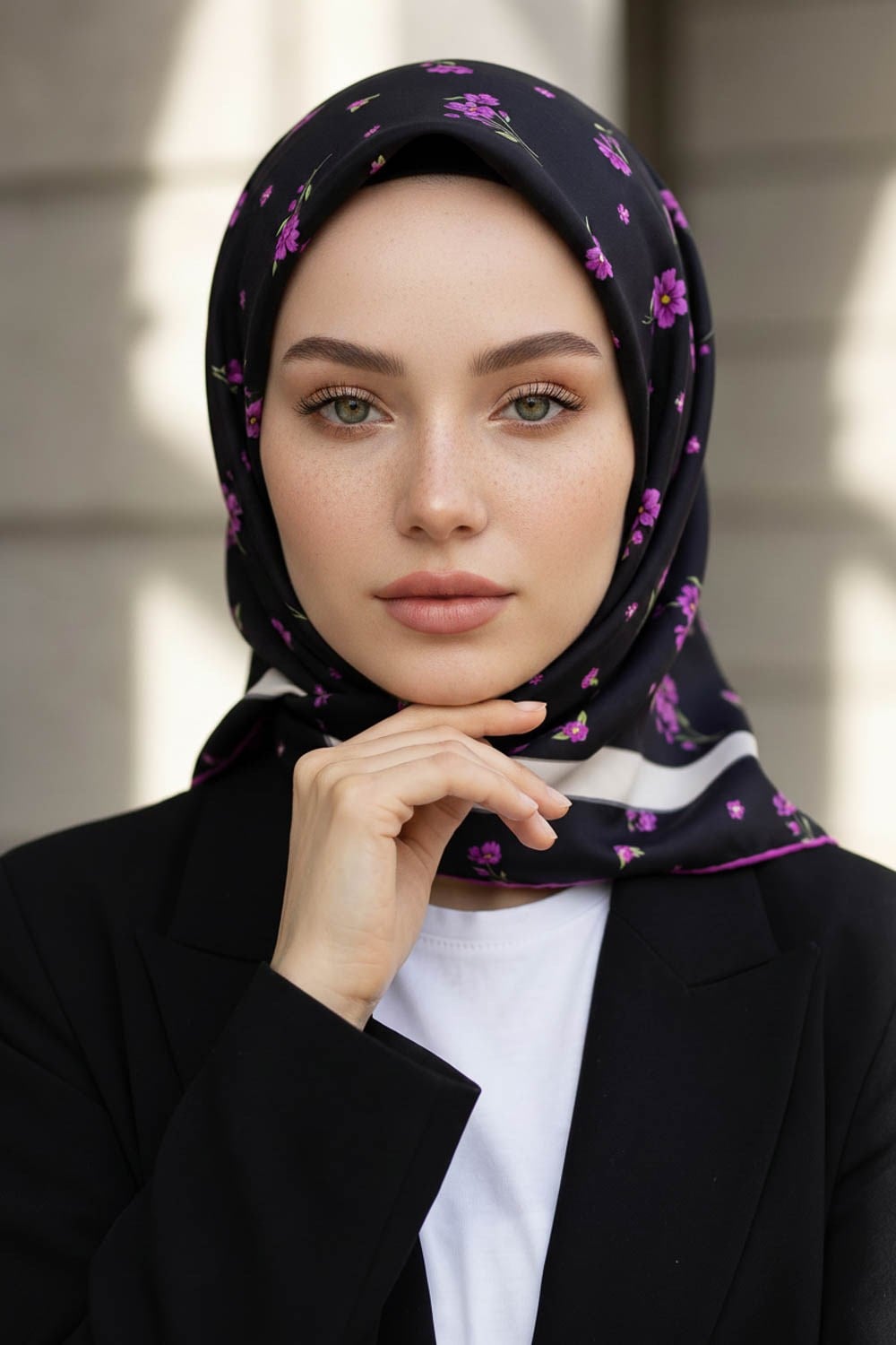 % 57 İPEK % 43 VİSKON Twill İpek Çıtır Çiçek Desenli Siyah - Fuşya Renkli 90x90 Eşarp Dikim Şekli : El Dikişi