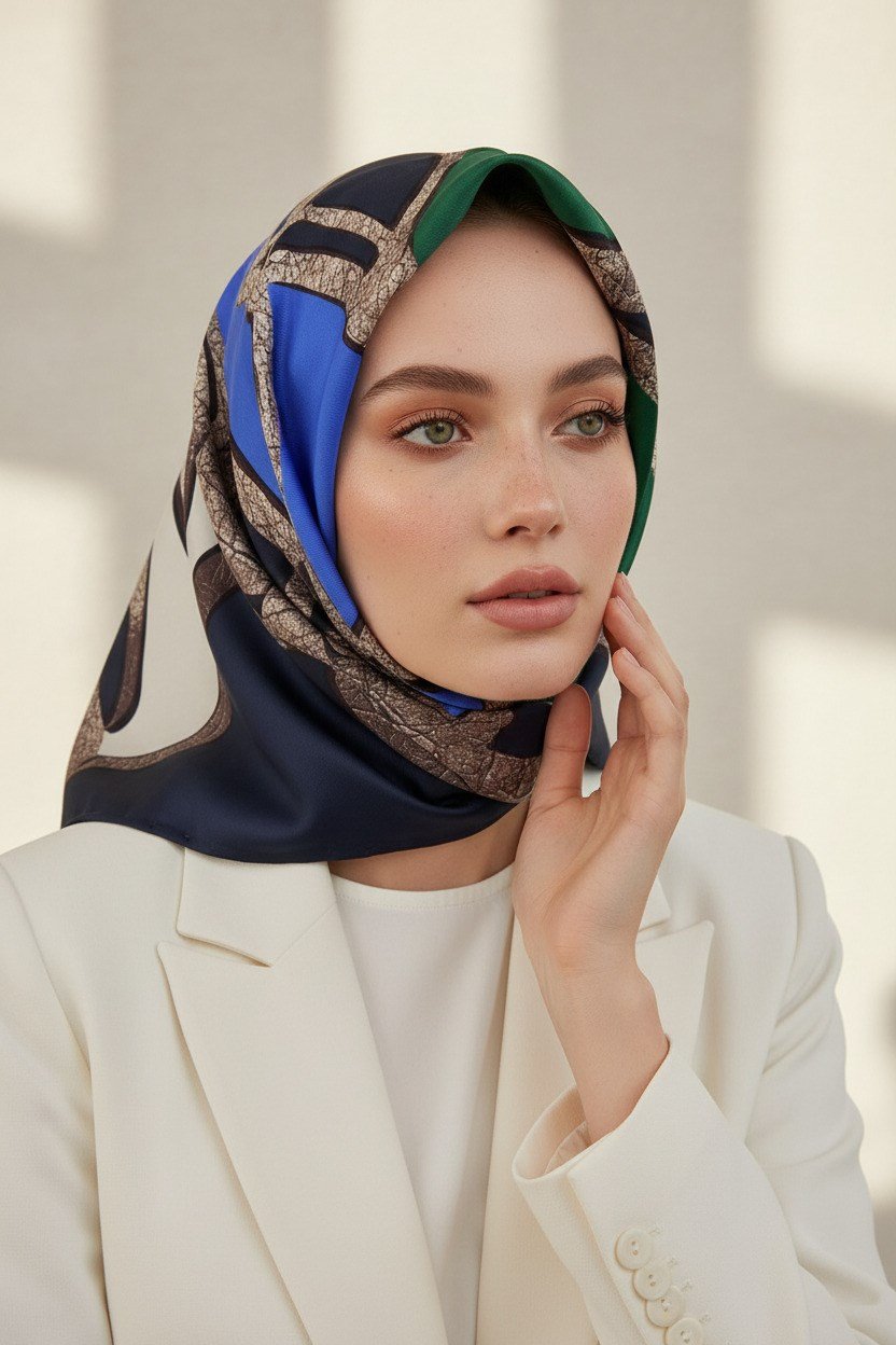 % 57 İPEK % 43 VİSKON Twill İpek Gold Efektli Geometrik Desenli Lacivert - Zümrüt Yeşili Renkli 90x90 Eşarp Dikim Şekli : El Dikişi