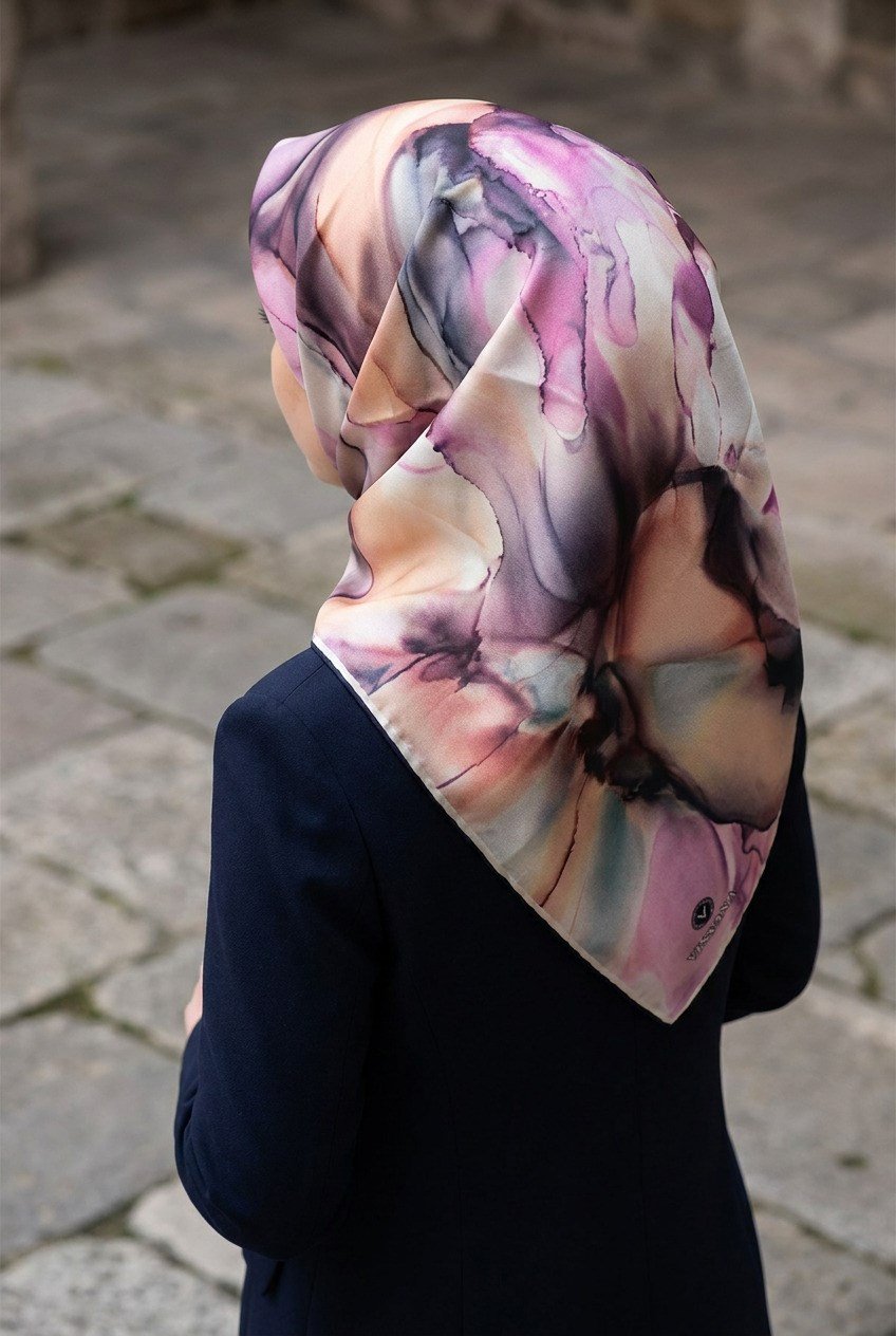 %100 Twill İpek Batik Çiçek Desenli Somon - Lila Renkli 90x90 Eşarp Kenar Dikiş Şekli El Dikişli