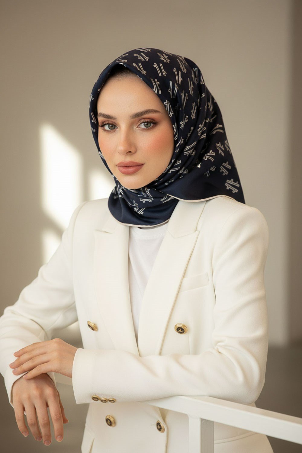 %100 Twill İpek Geometrik Desenli Lacivert - Krem Renkli 90x90 Eşarp Dikim Şekli : El Dikişi