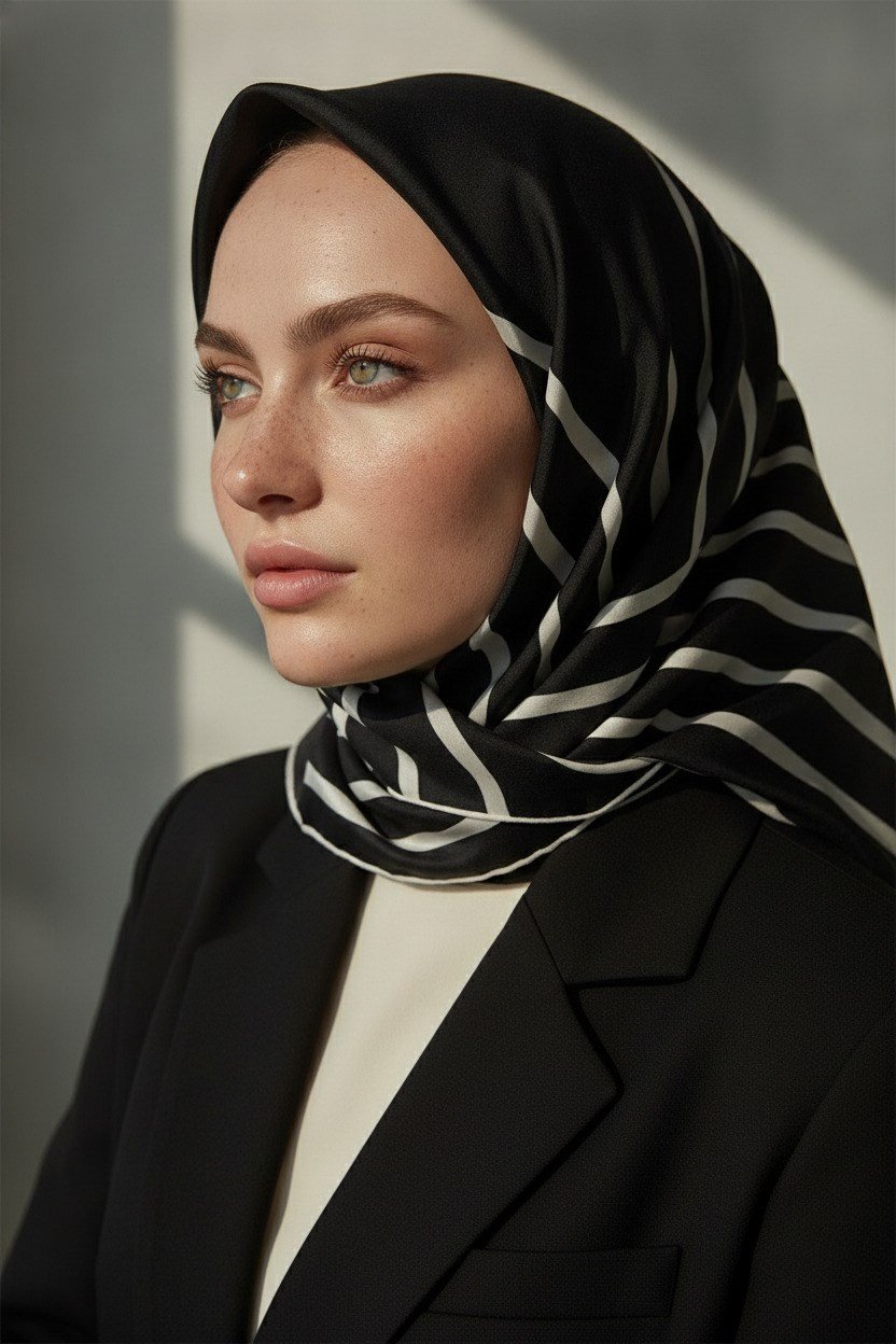 %100 Twill İpek Çizgili Desenli Siyah - Krem Renkli 90x90 Eşarp Dikim Şekli : El Dikişi