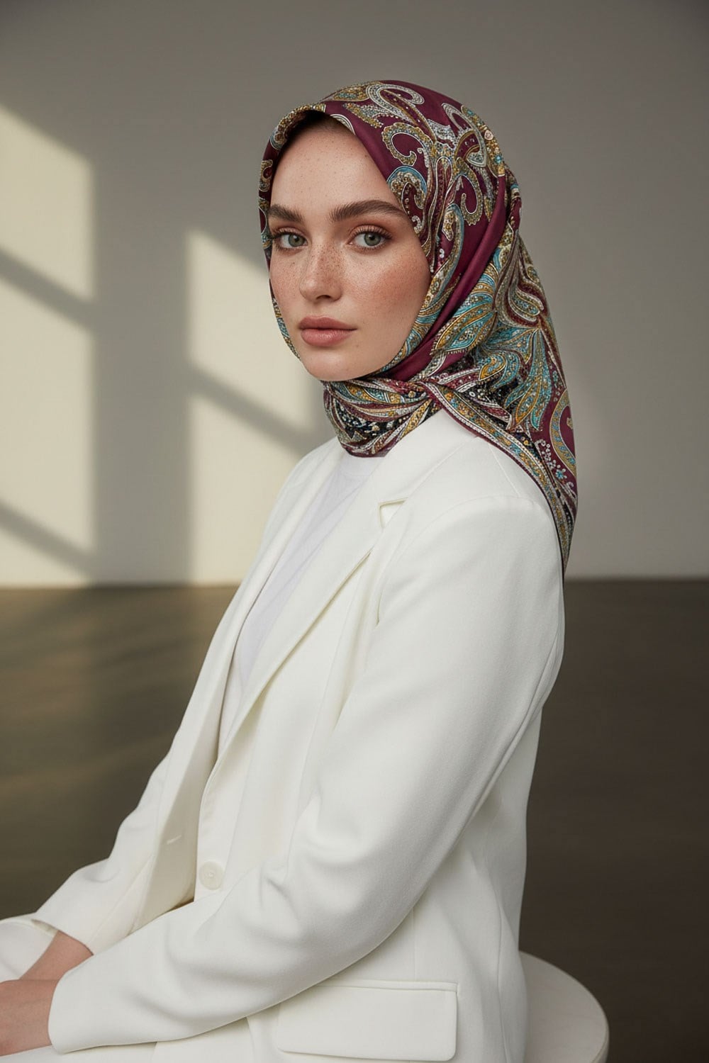 %100 Twill İpek Şal Desenli Bordo Renkli 90x90 Eşarp Dikim Şekli : El Dikişi