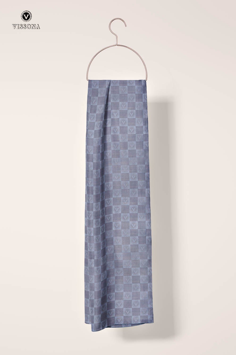 Vissona %57 İPEK %43 PAMUK Monogram Desenli Gri Renkli Şal -  70x190 Dikiş Tipi İtalyan Dikişli