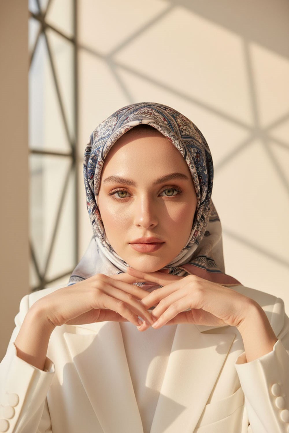 % 57 İPEK % 43 VİSKON Twill İpek Şal Desenli Pudra - Bebe Mavisi Renkli 90x90 Eşarp Dikim Şekli : El Dikişi
