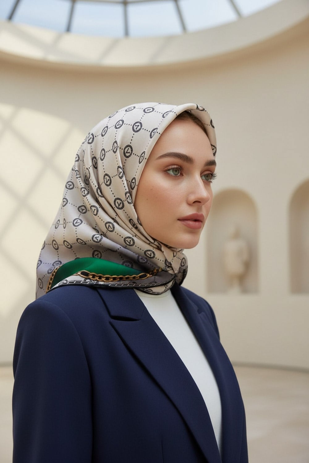 %100 Twill İpek Zincirli Ve Monogram Desenli Krem - Zümrüt Yeşili Renkli 90x90 Eşarp Dikim Şekli : El Dikişi