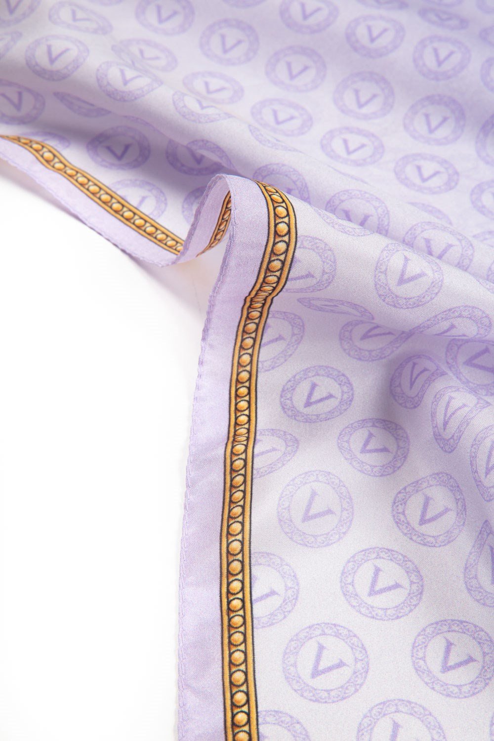 %100 Saf İpek Şal İnce Saten Vual Dokuma Degradeli Ve Monogram Desenli Lila - Gold Renkli 90x210 Şal